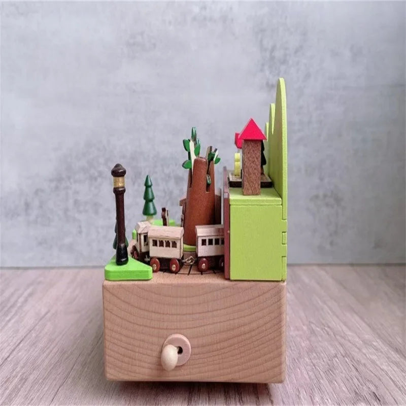 Wooden Forest Train Music Box – Wind-Up Clockwork Village Scene | Oliver & Company Montessori Toys