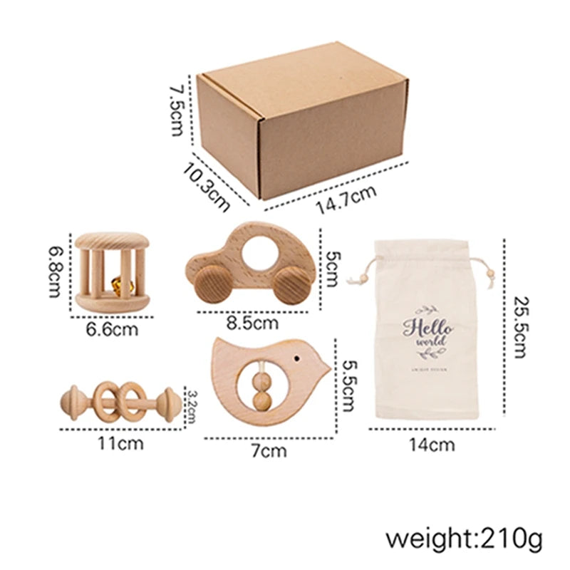 Wooden baby toys with measurements and a brown box on a white background