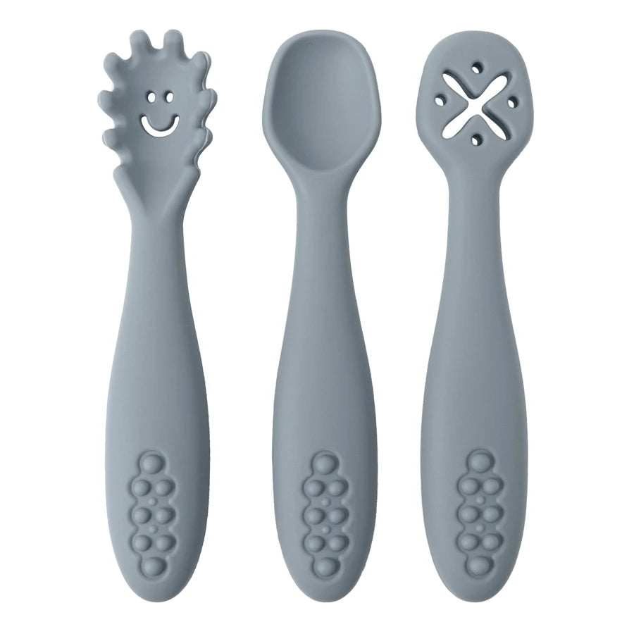 Pebble grey 3-piece silicone learning spoon set