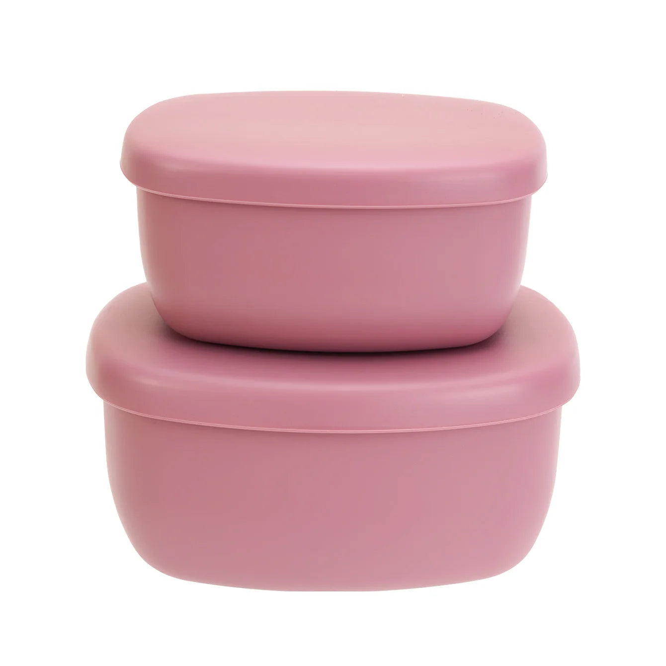 Two dusty rose silicone food containers with lids