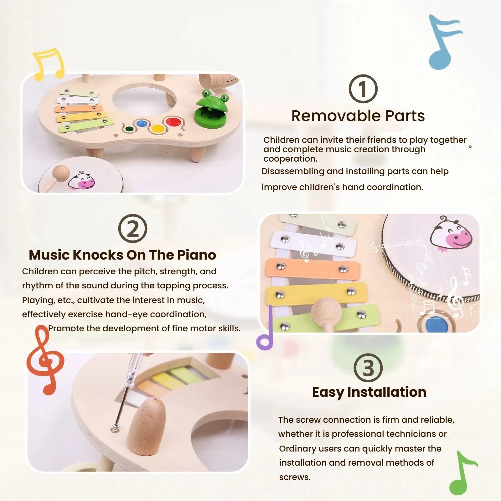 Wooden toy piano with removable parts, music notes, and text describing features.
