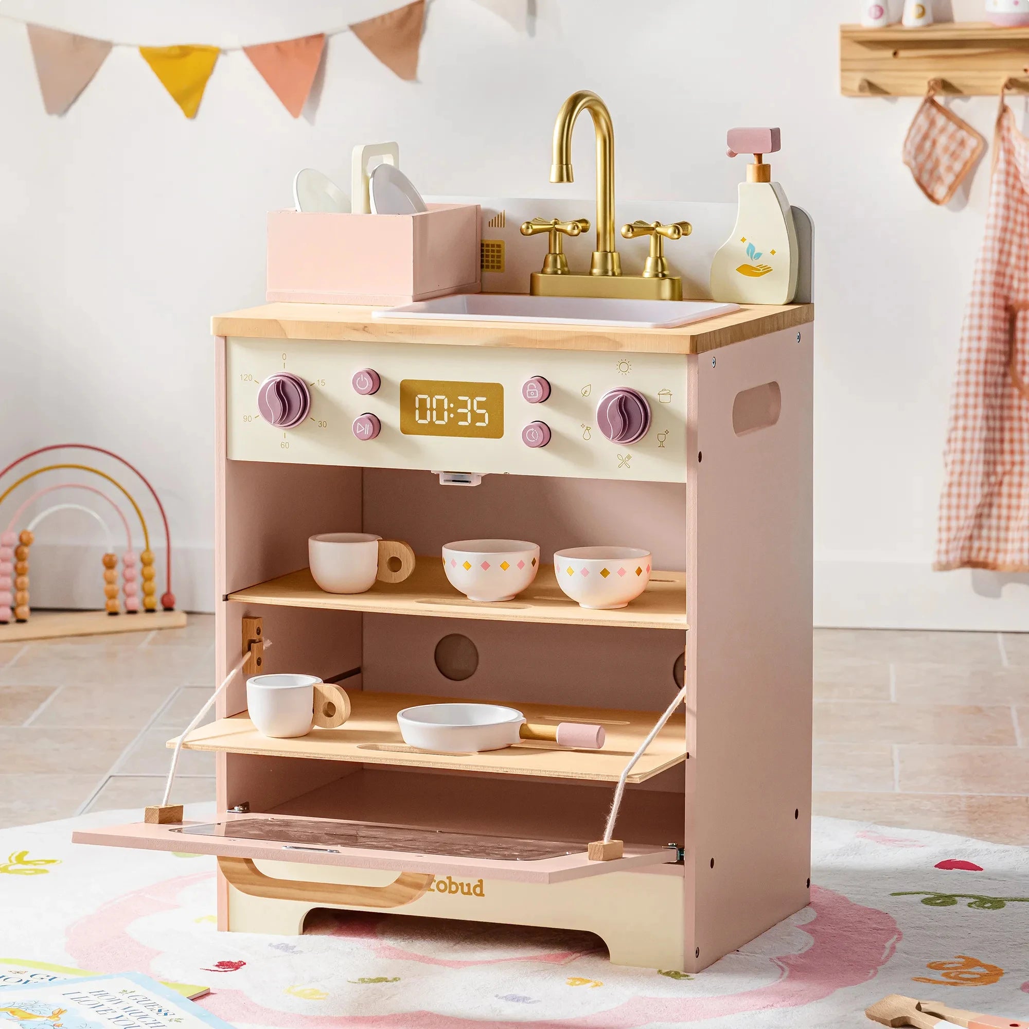 Complete Pink Wooden Kitchen Play Set