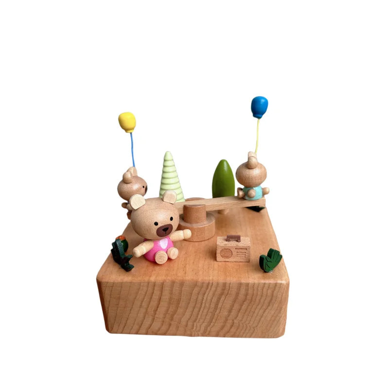 Wooden Bear Seesaw Music Box – Wind-Up Clockwork Beech Wood | Oliver & Company Montessori Toys
