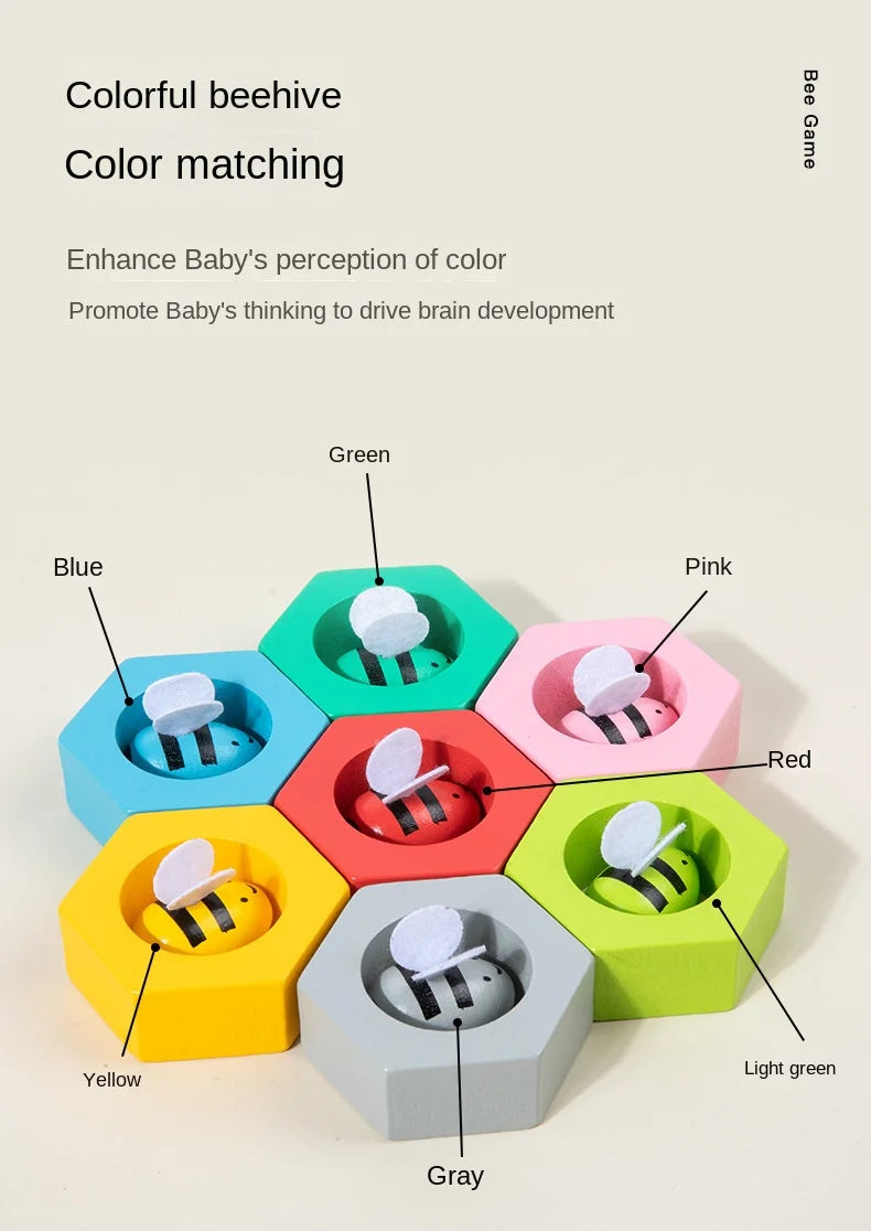Colorful beehive toy with labeled colors on a white background