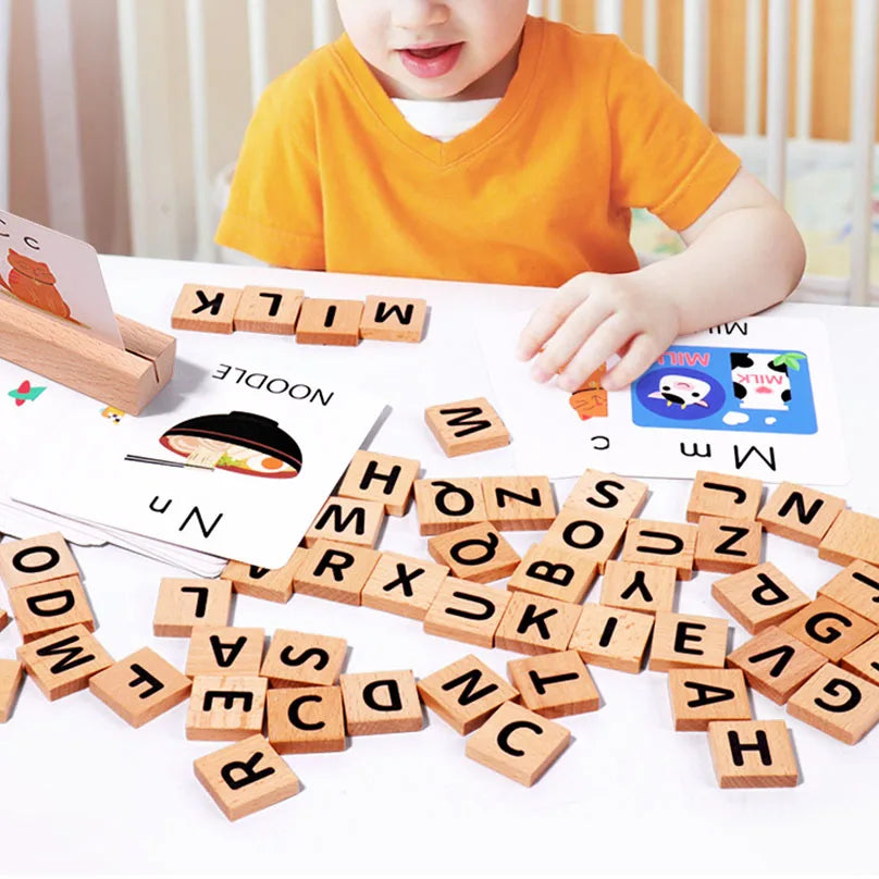 Wooden Spelling Word Game with Letter Tiles and Picture Cards