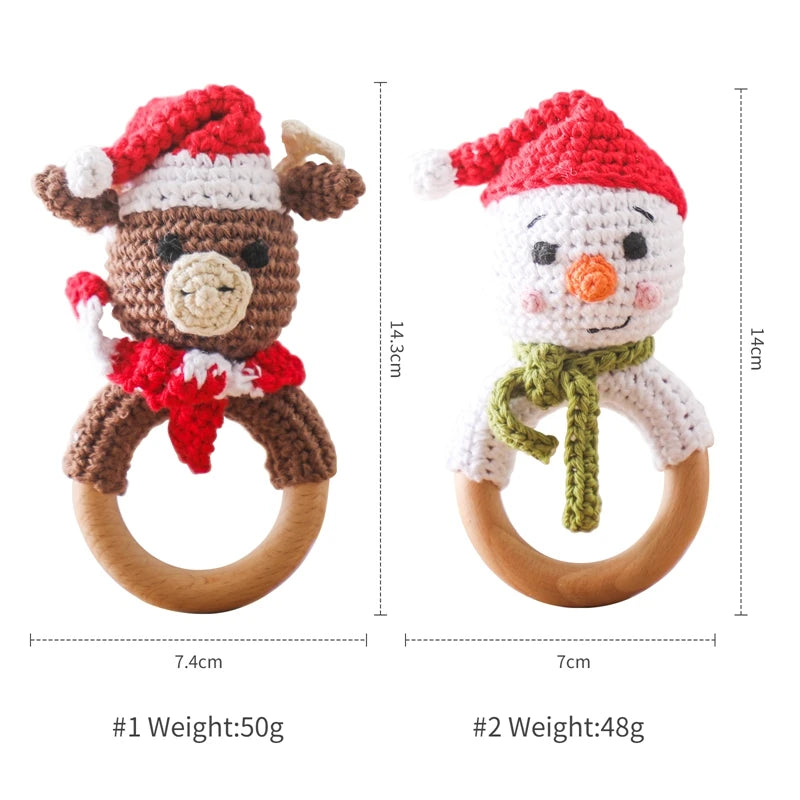 Crochet Snowman & Reindeer Rattle Toy with eco-friendly wooden teether, featuring festive characters to delight and engage babies during playtime.