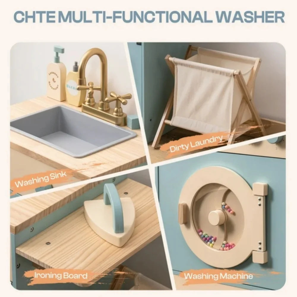 Collage of a children's play kitchen set with sink, ironing board, and washing machine.