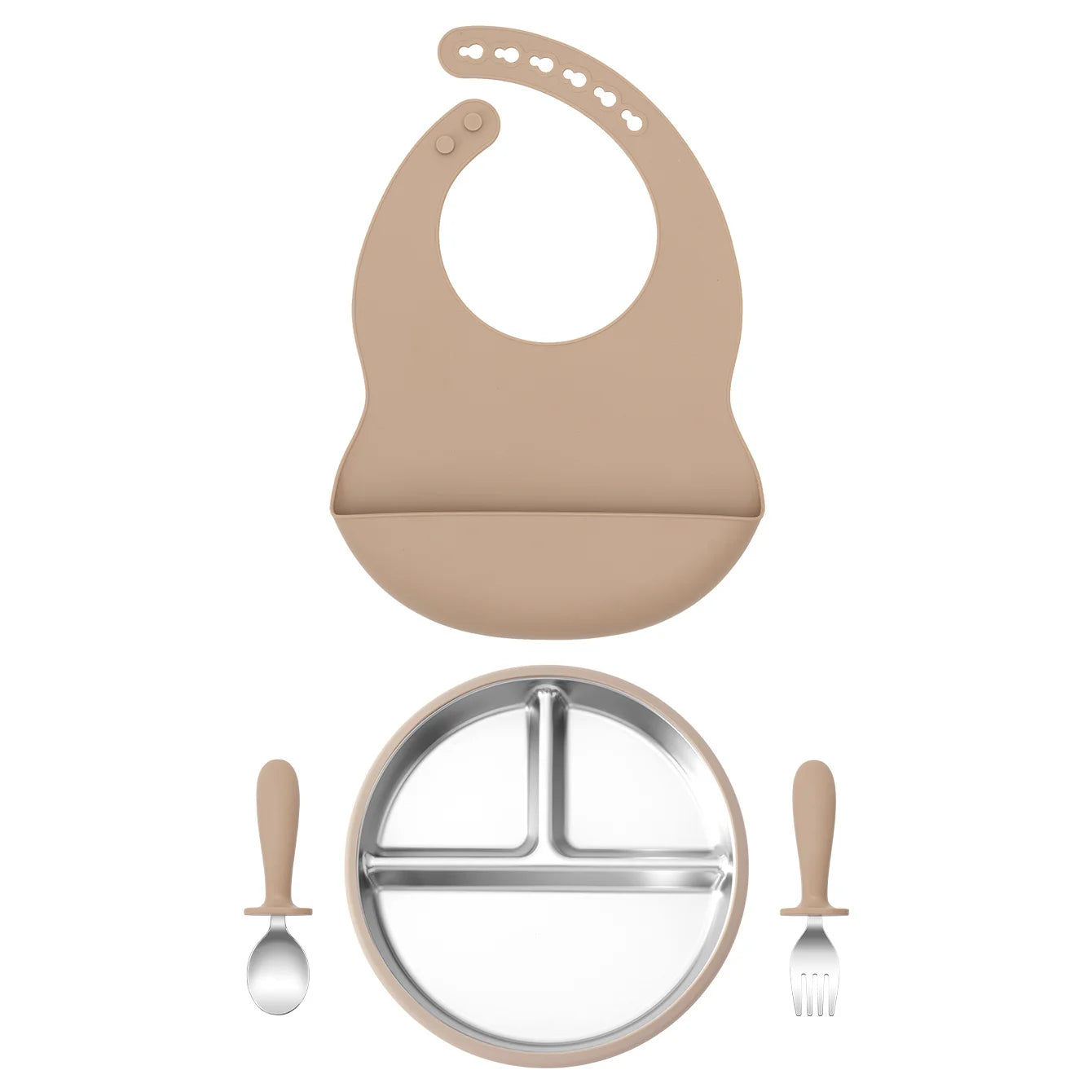 4-Piece Stainless Steel Silicone Feeding Set with Divided Plate and Bib