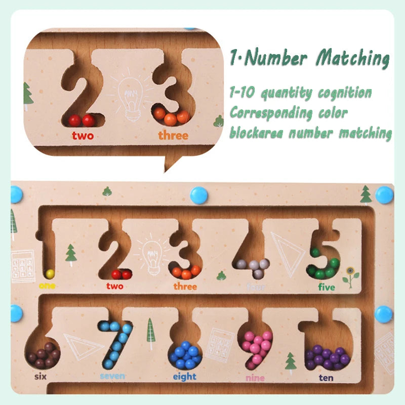 Wooden number puzzle with colorful beads for quantity matching