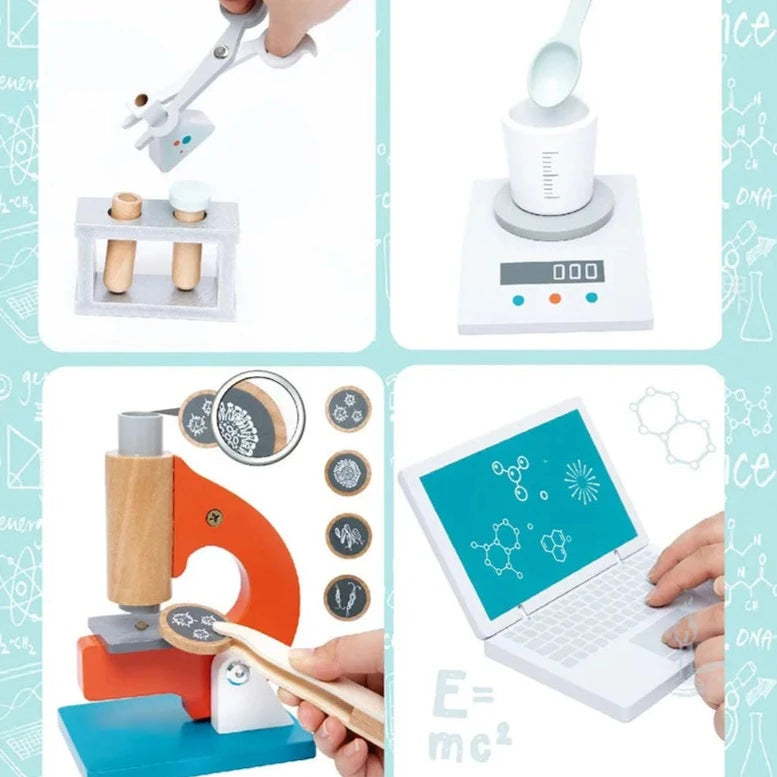 Wooden Pretend Play Microscope Set with experimental tools, designed to inspire young biologists' curiosity and imagination through interactive exploration.