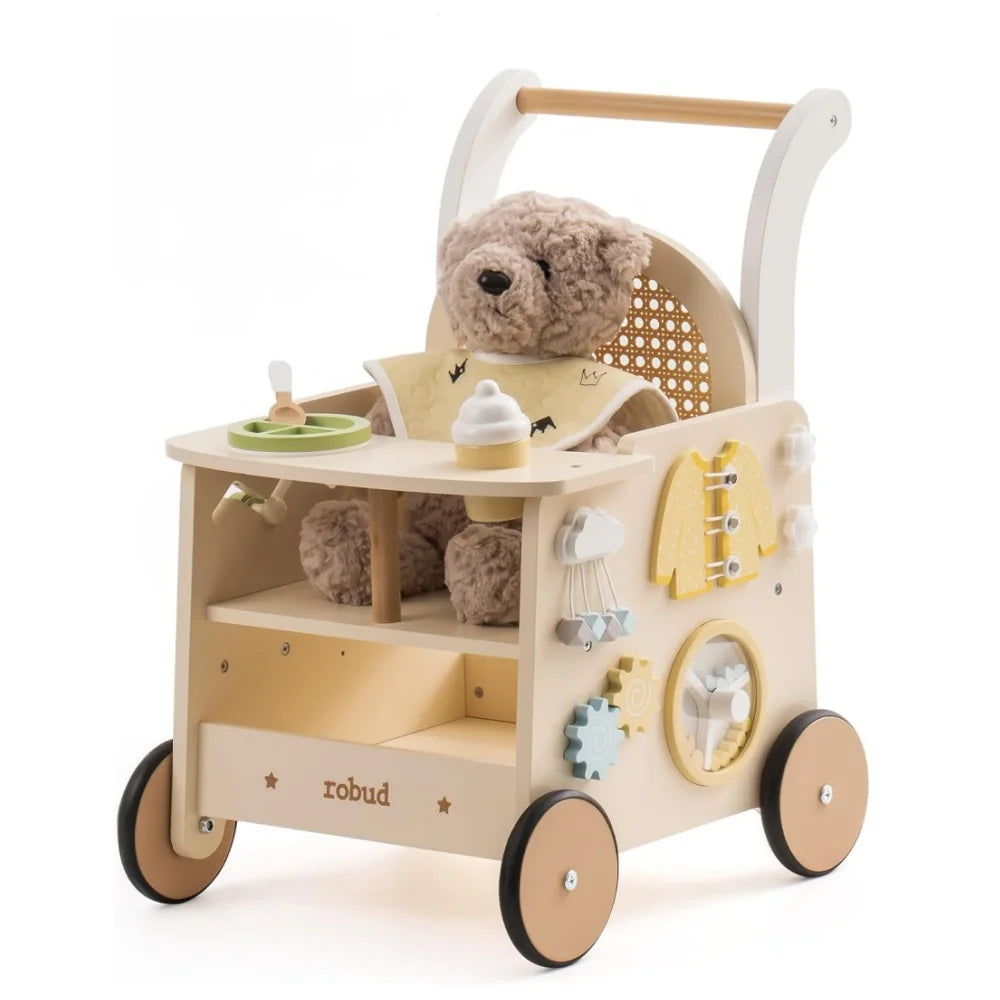 Wooden toy push cart with teddy bear and various educational toys on a white background