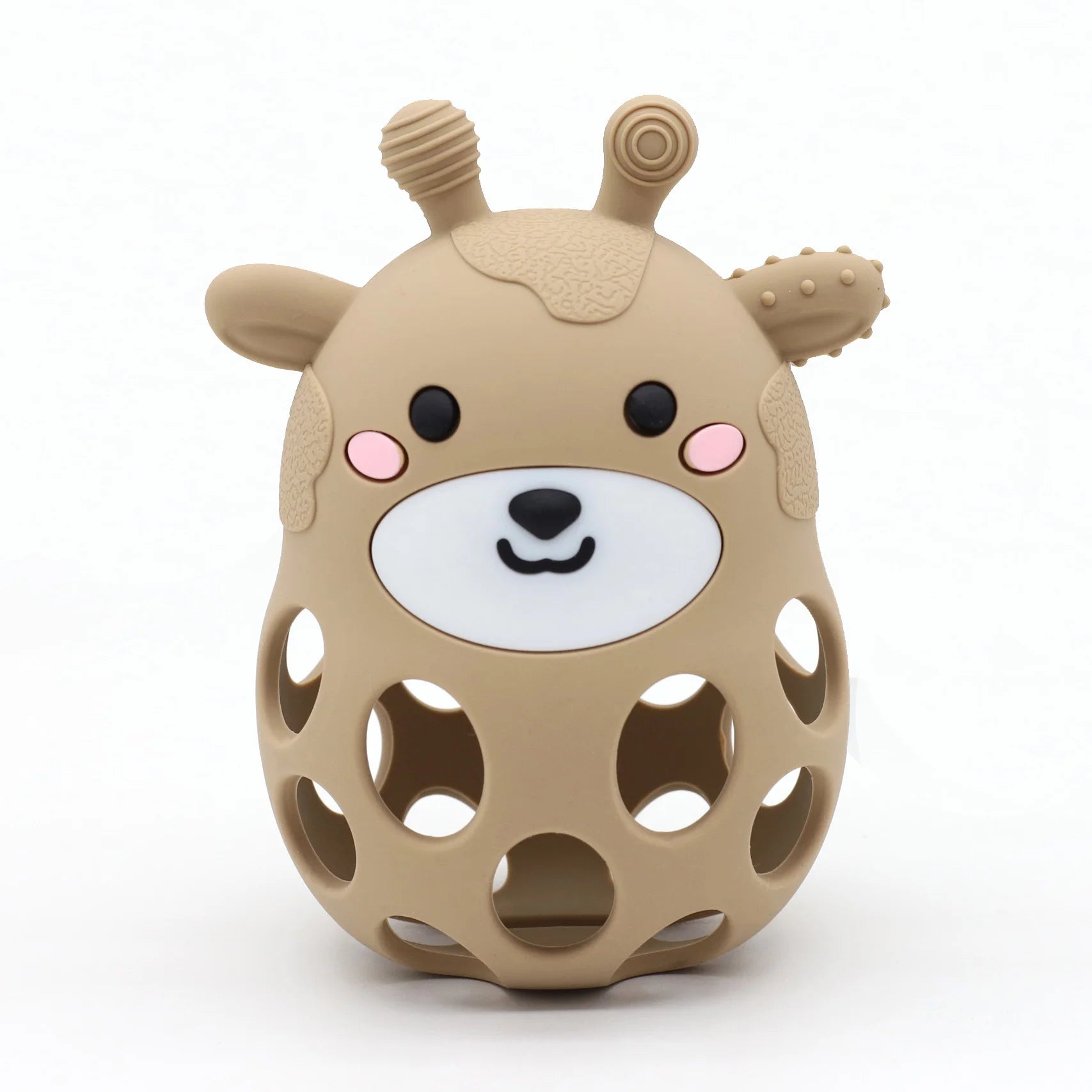 Beige silicone teething toy with a bear face on a white background