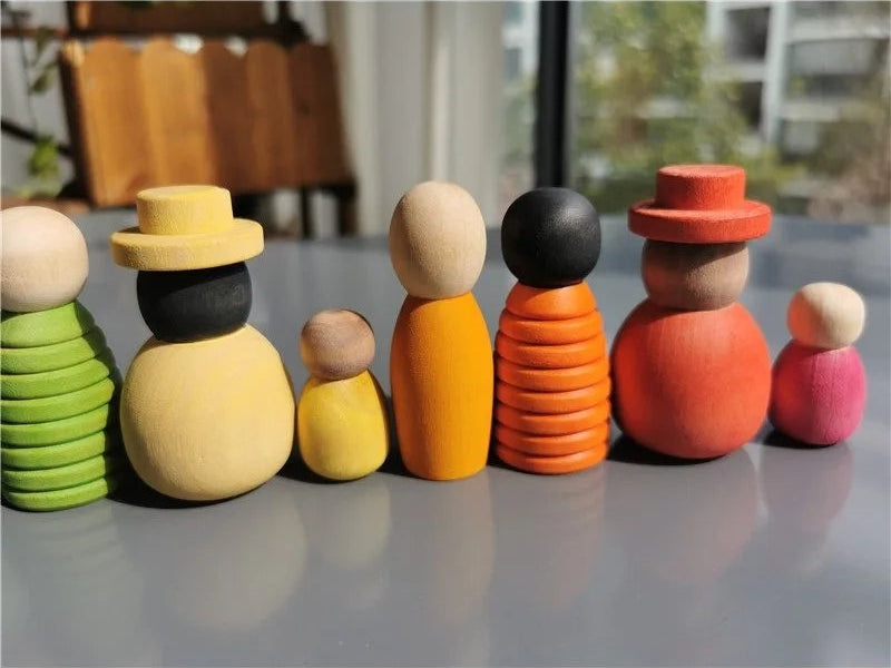 Handmade Rainbow Peg Dolls | Wooden Family Set of 12