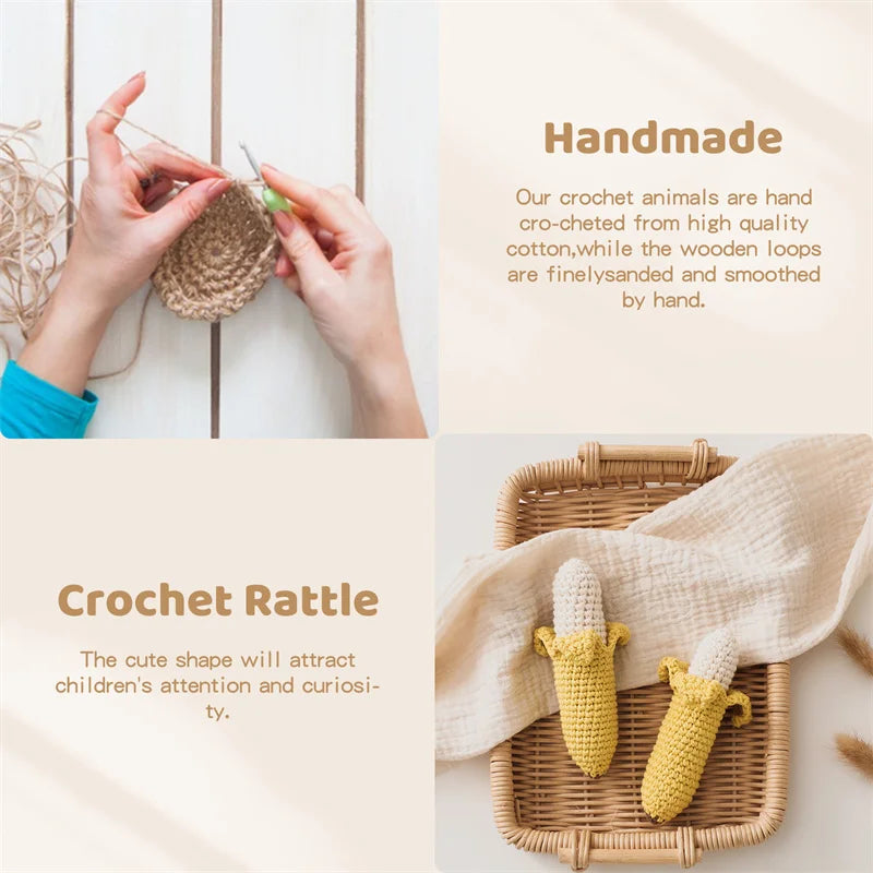 Handmade crochet rattle with wooden loops, shown being crafted and displayed in a basket.