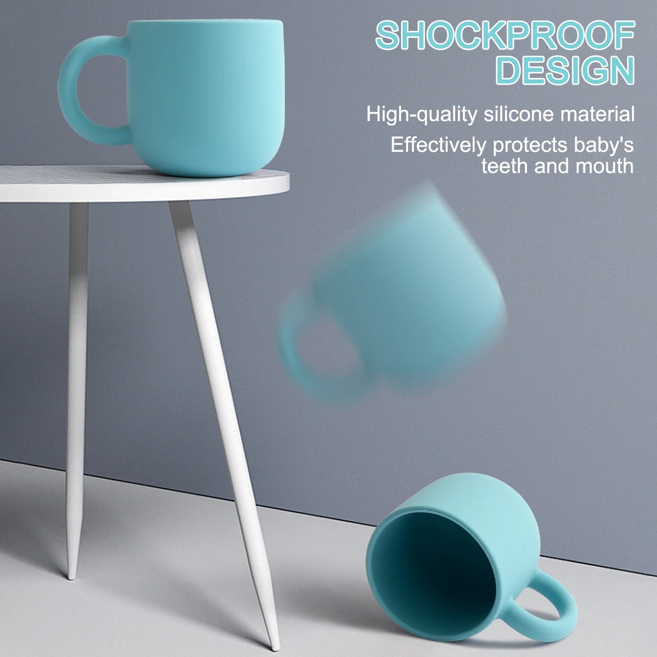 Silicone mug falling from a table to show it is shockproof