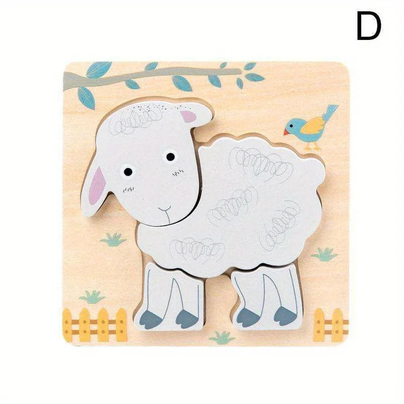 Wooden puzzle with a cartoon sheep design on a white background