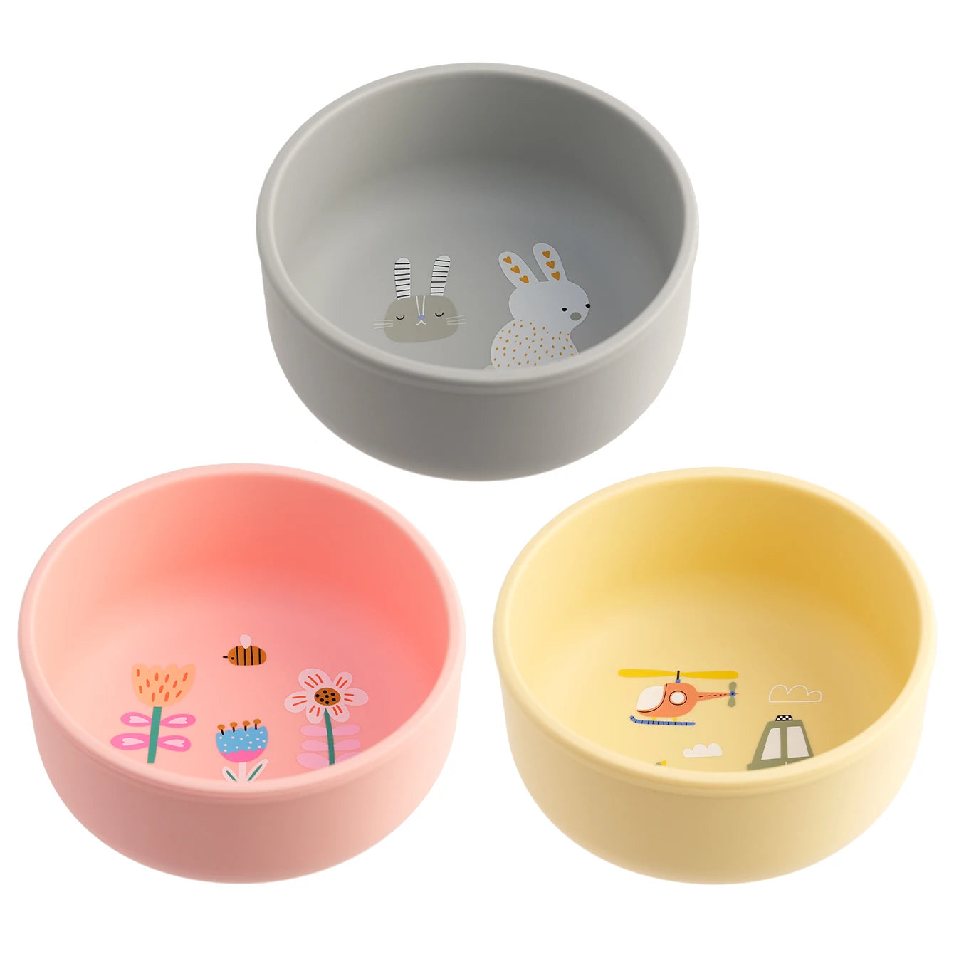 Grey bunny, pink flower and yellow helicopter weaning bowls