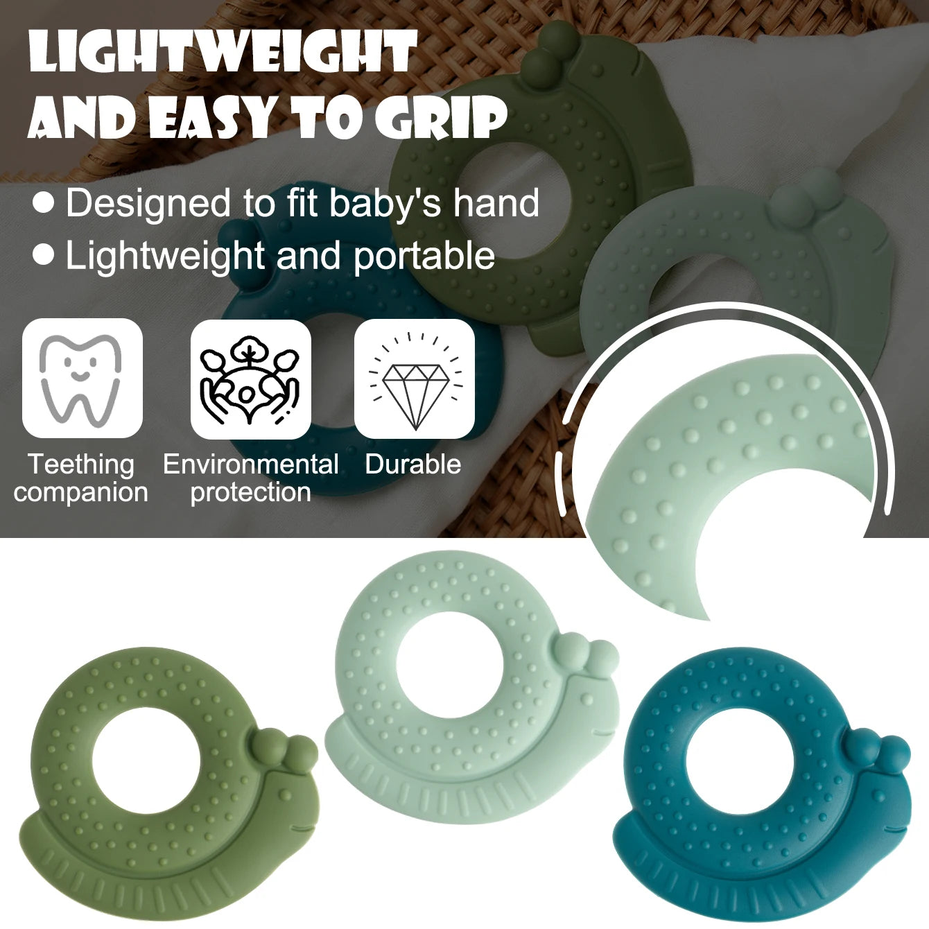 Lightweight snail teether designed to fit baby's hand