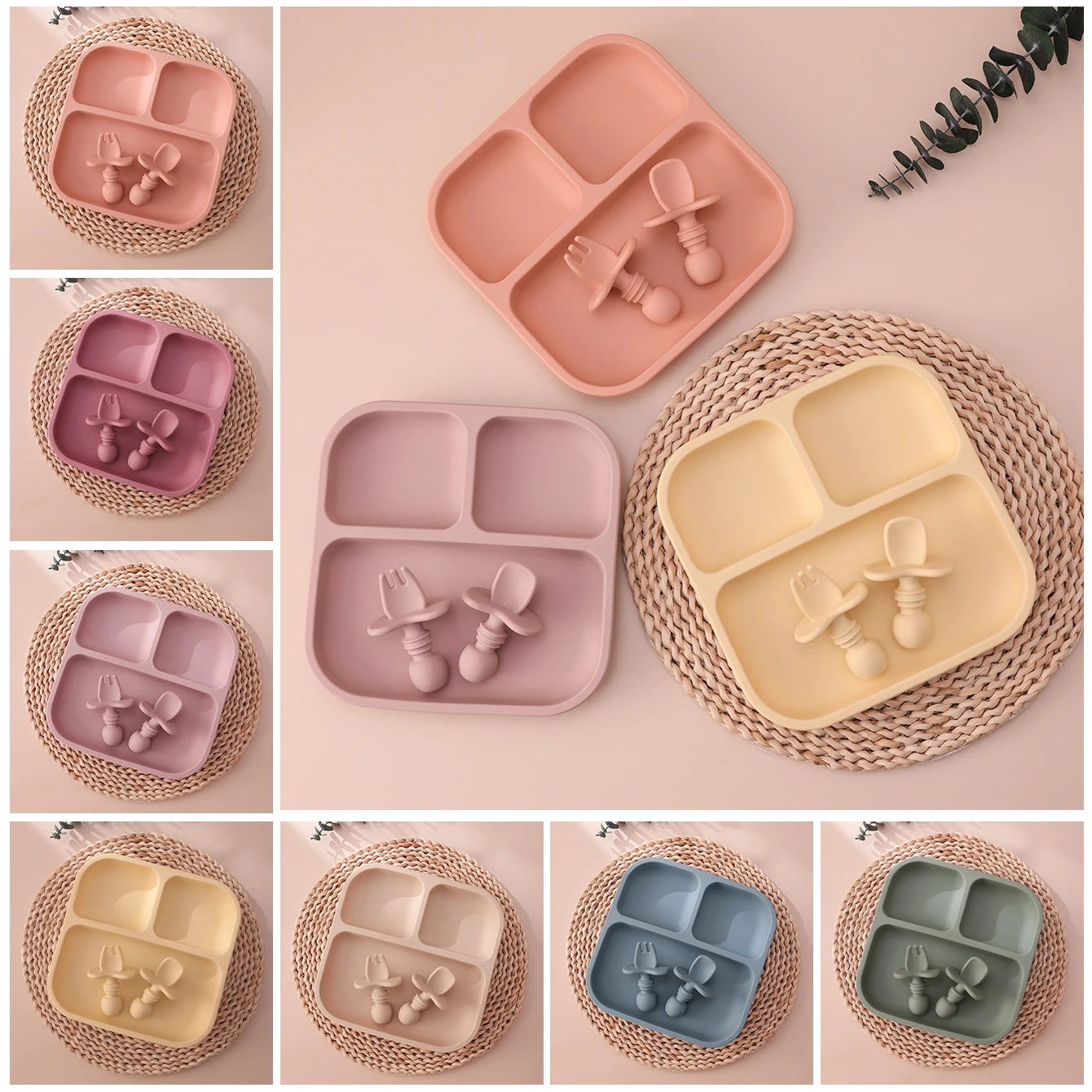Collage of children's silicone plates with embedded utensils on a pink background