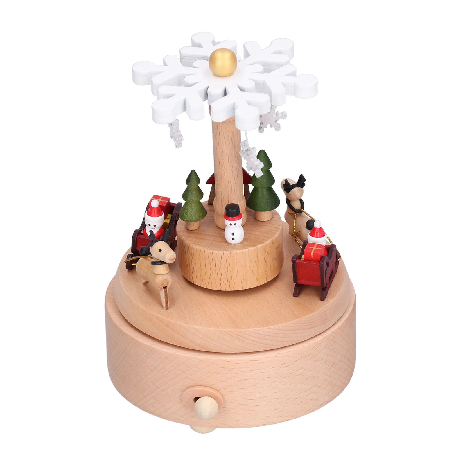 Wooden snow globe with miniature figures on a white background
