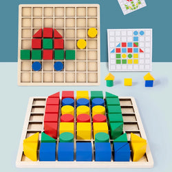 Creative Building Block Puzzle featuring colorful wooden blocks in various shapes, designed for early learning and cognitive development in children.