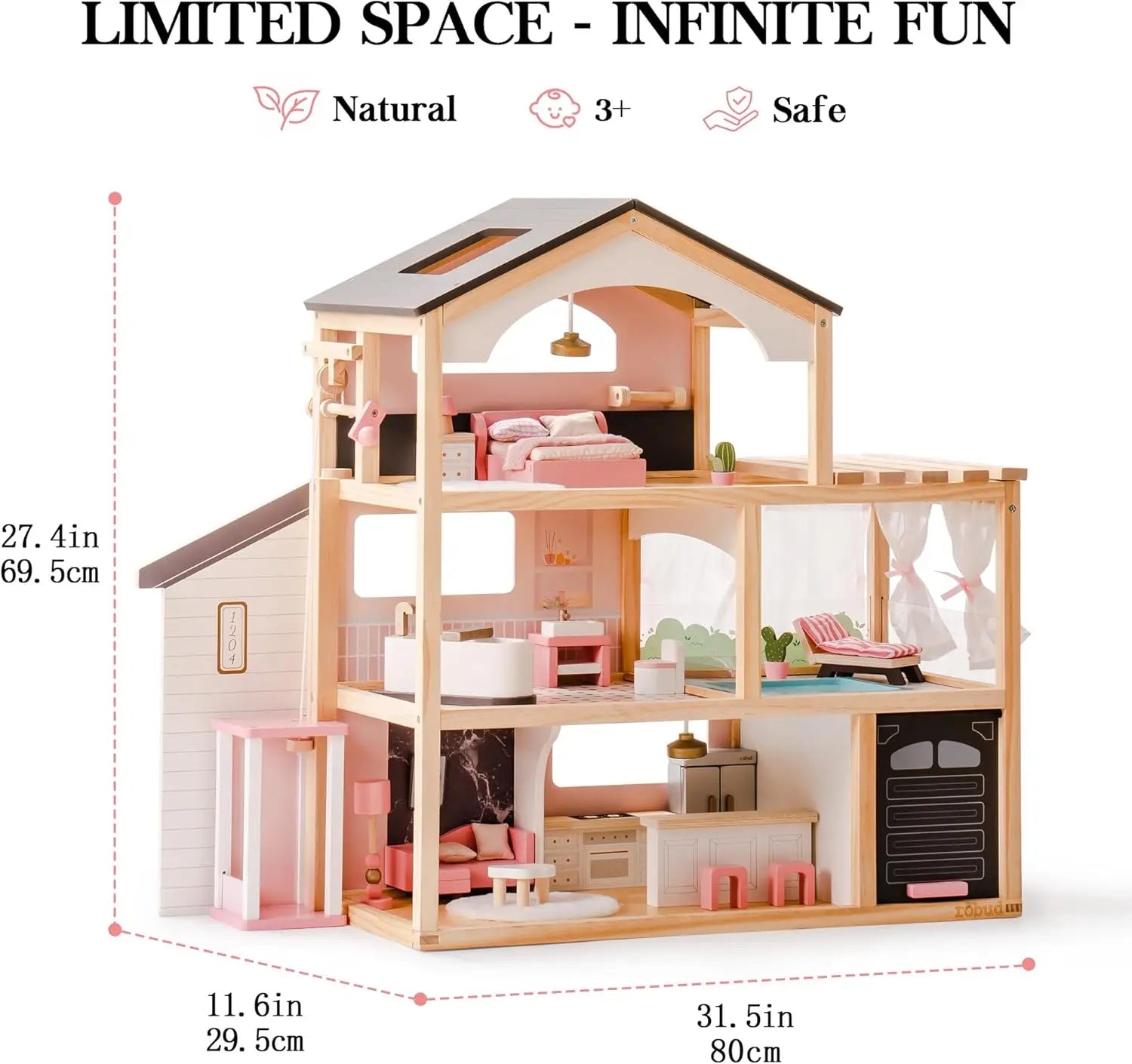 Wooden dollhouse with furniture and measurements on a white background