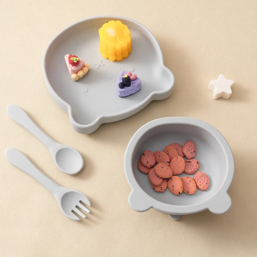 Grey blue bear plate and bowl with snacks