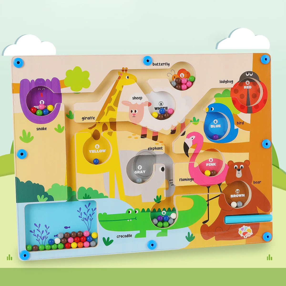 Color sorting puzzle with animals and corresponding colors on a light green background