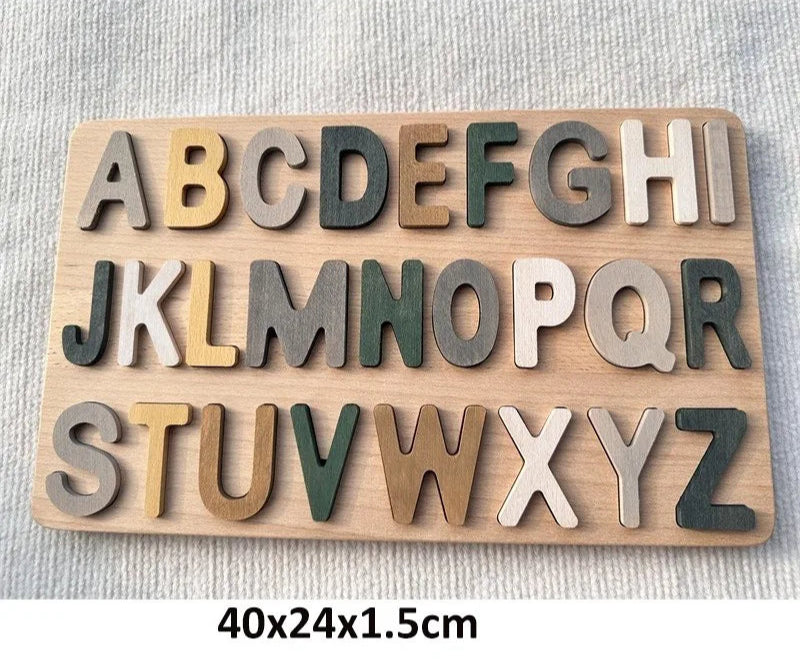Wooden alphabet letters on a wooden board with dimensions 40x24x1.5cm.