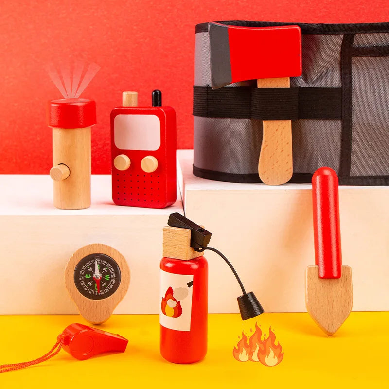 Collection of wooden toys including a fire extinguisher, shovel, and other items on a red and yellow background.