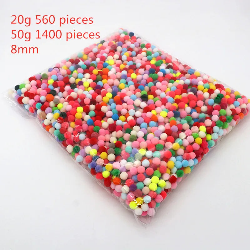 8-30mm Mixed High Elasticity Soft Pompoms in a clear bag, ideal for creative crafting projects with varied sizes and fluffy texture, perfect for DIY activities.