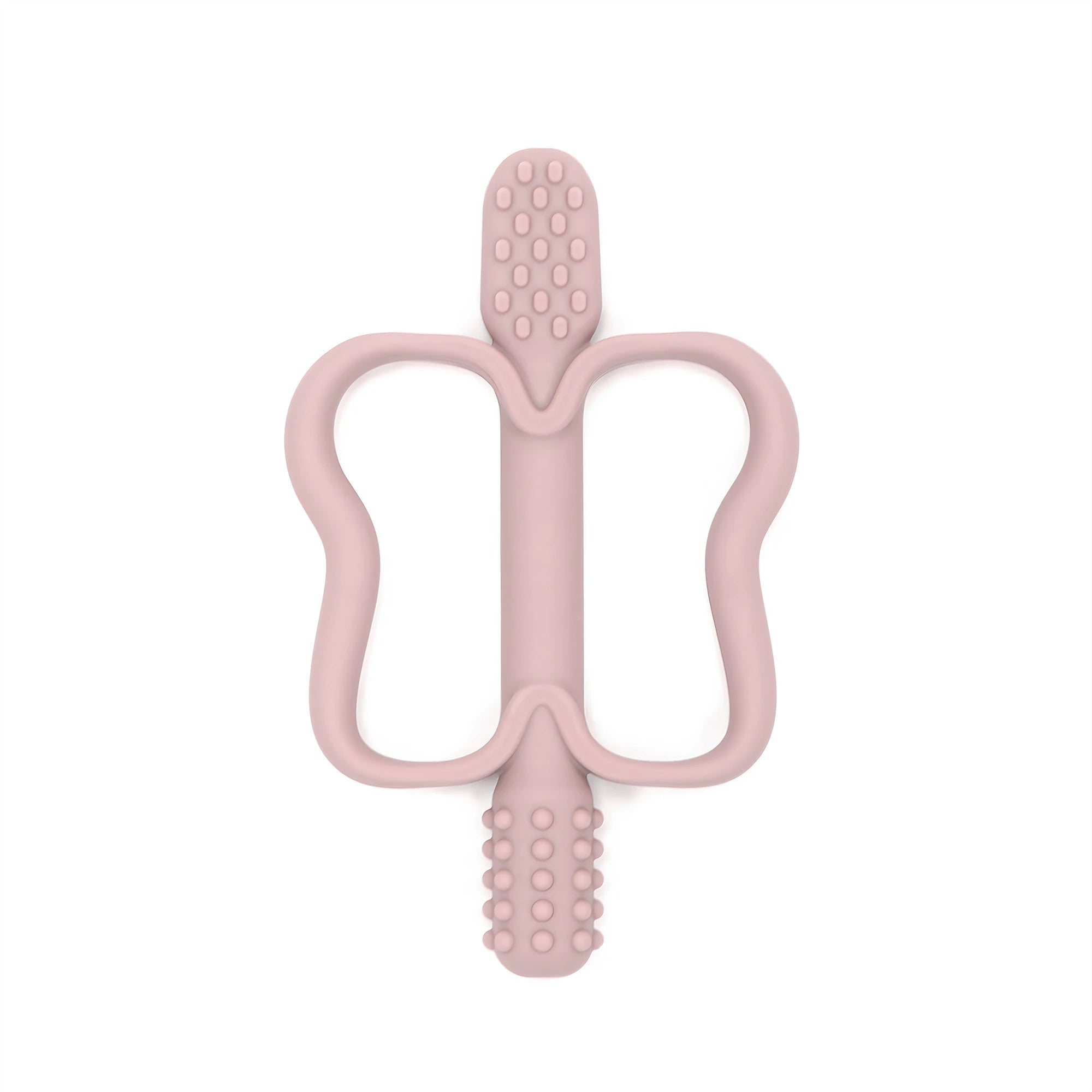 Pink butterfly-shaped baby teether on a white background