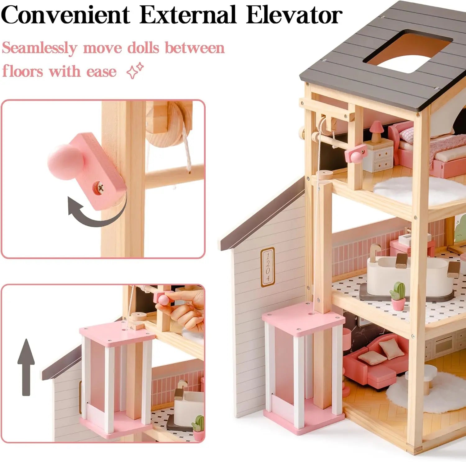Dollhouse with elevator system and doll figures on a white background