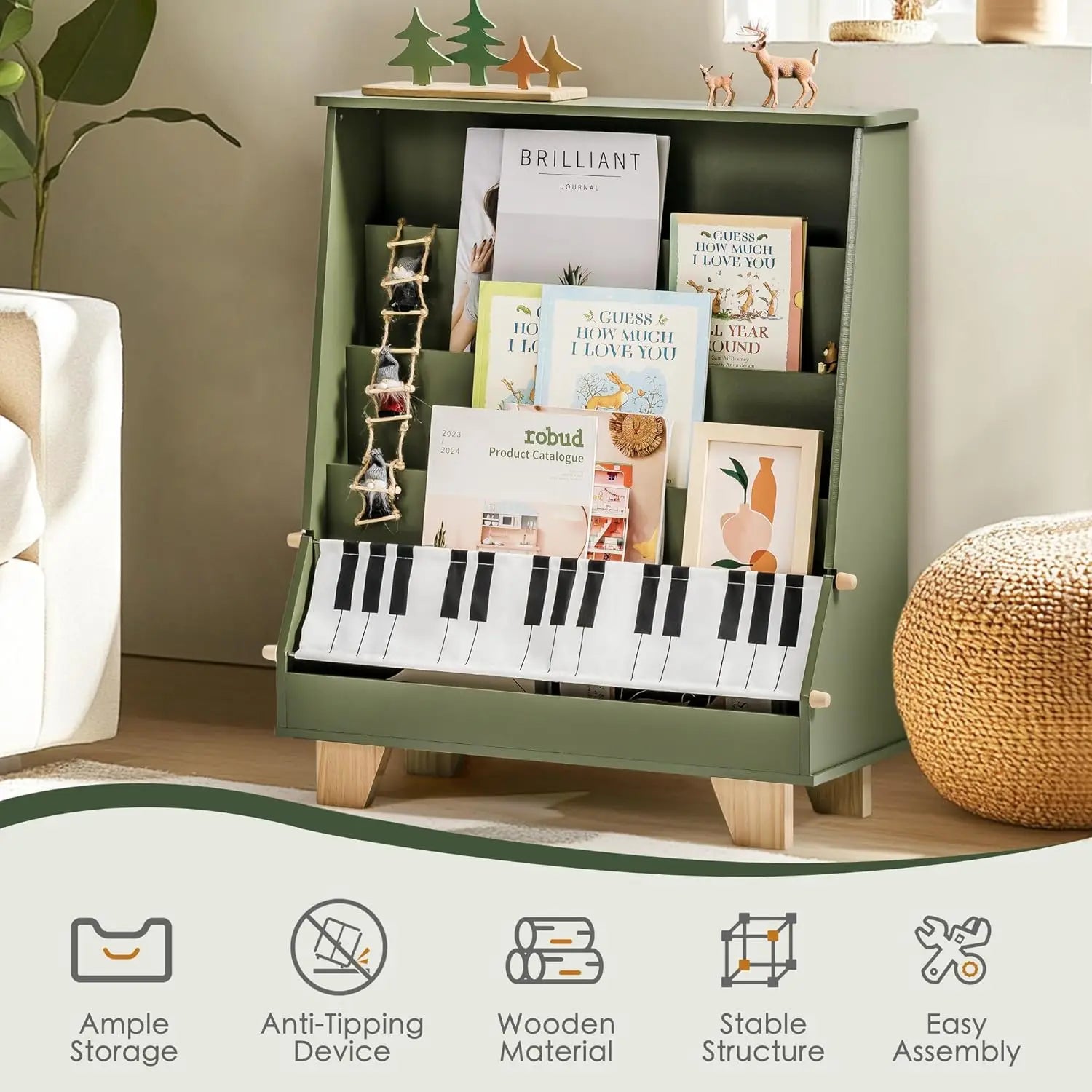 Green bookshelf with books and decorative items in a room setting