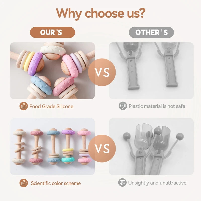 1pc Silicone & Beech Wood Baby Rattle – Safe & Eco-Friendly