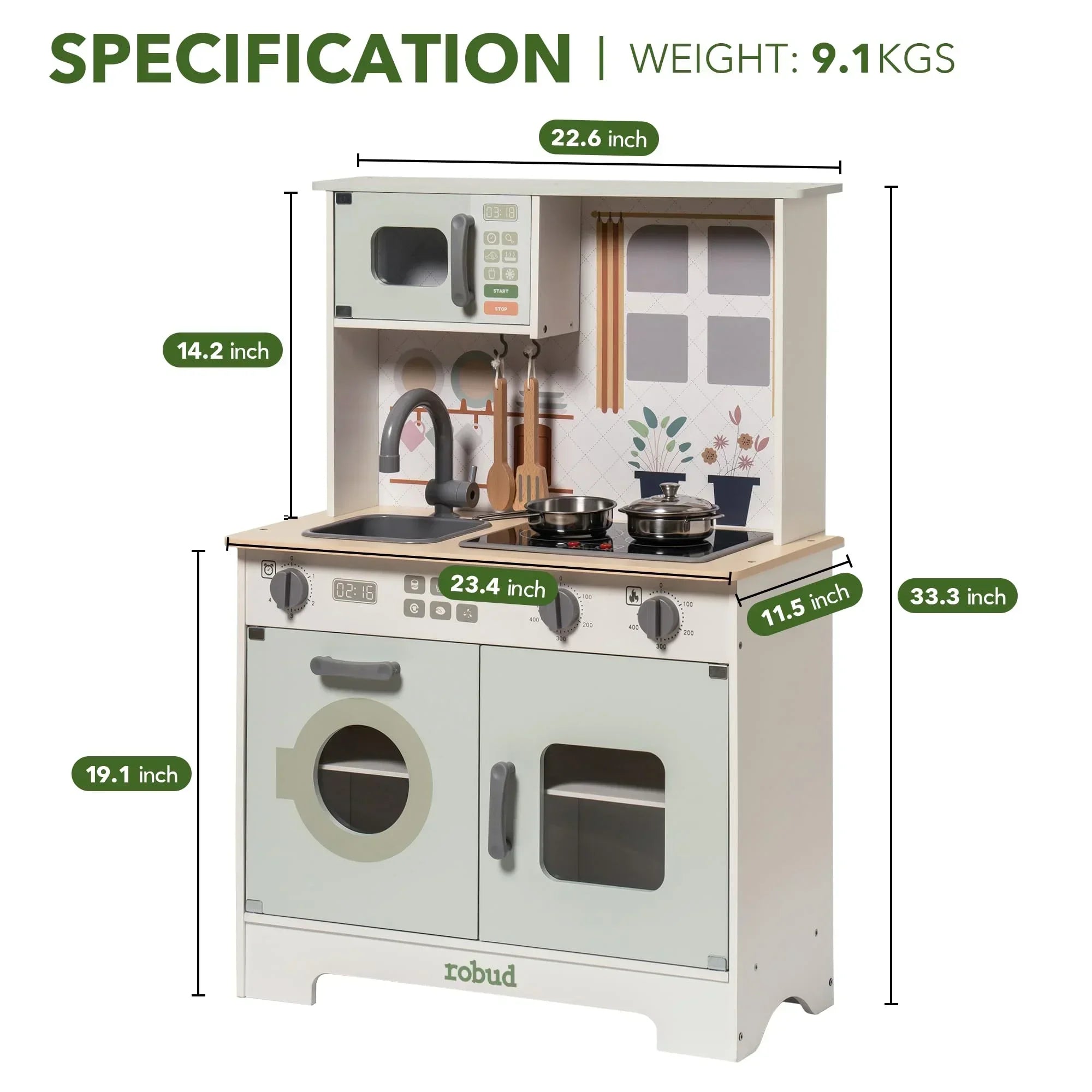 Children's play kitchen set with dimensions and weight displayed
