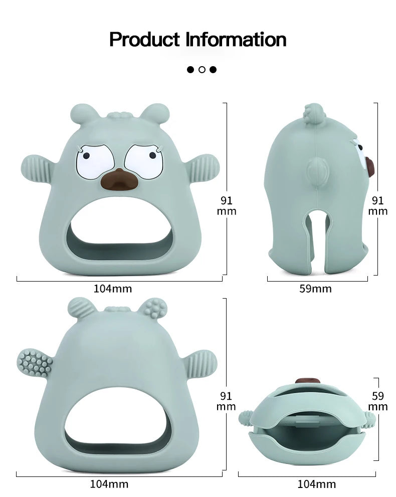 Teethers with cartoon bear design and measurements on a white background