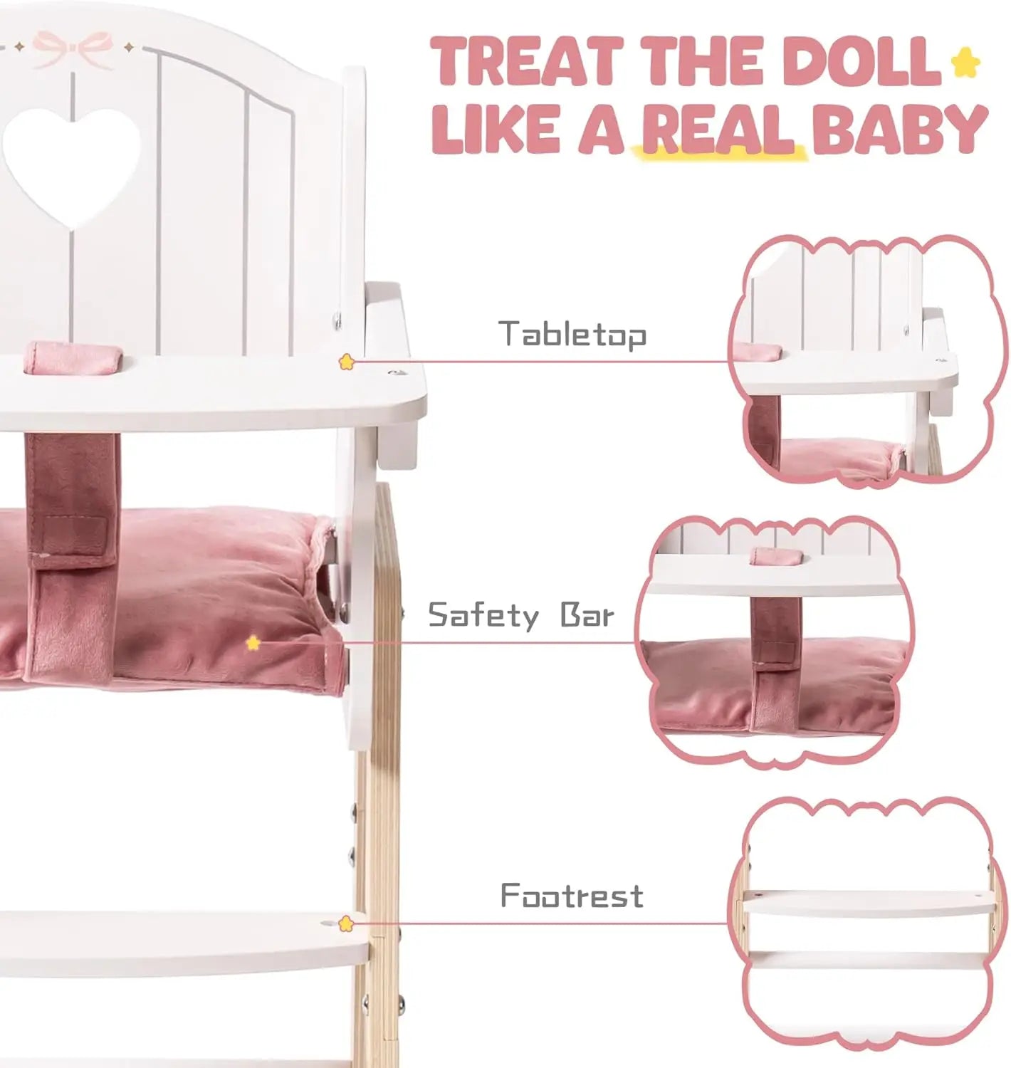 White and pink doll high chair with labeled parts and text 'Treat the Doll Like a Real Baby'.