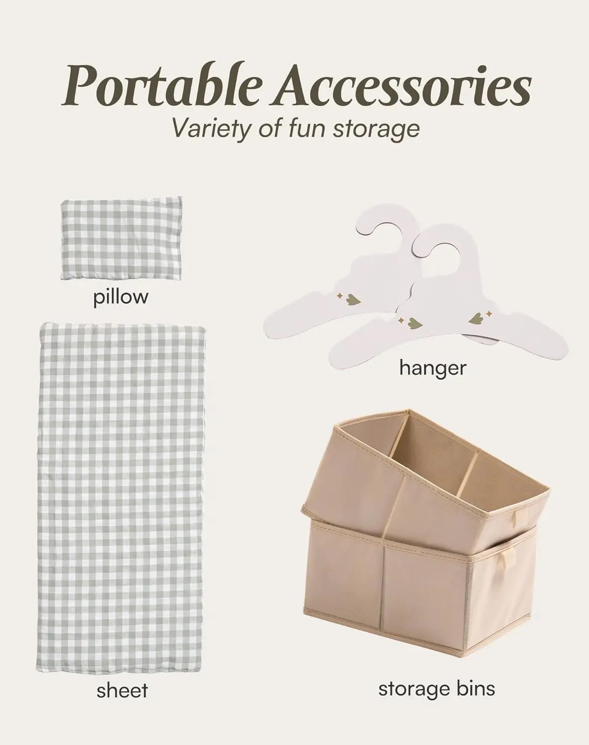 Portable accessories including a pillow, hanger, sheet, and storage bins on a white background.