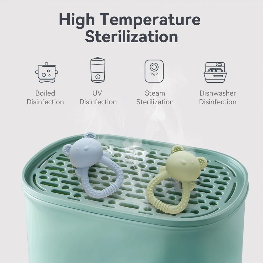 Teal sterilizer with two baby teething rings on a light gray background, featuring icons for high temperature sterilization methods.