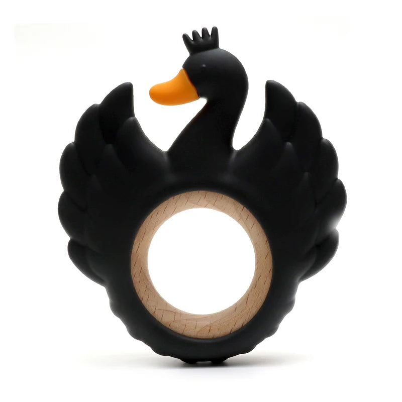 Black swan-shaped teething ring on a white background