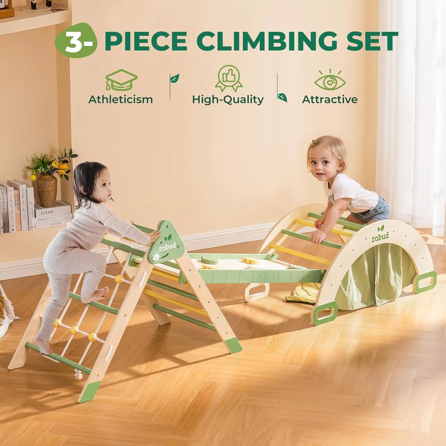 Children playing with a 3-piece climbing set in a room with a wooden floor and light-colored walls.