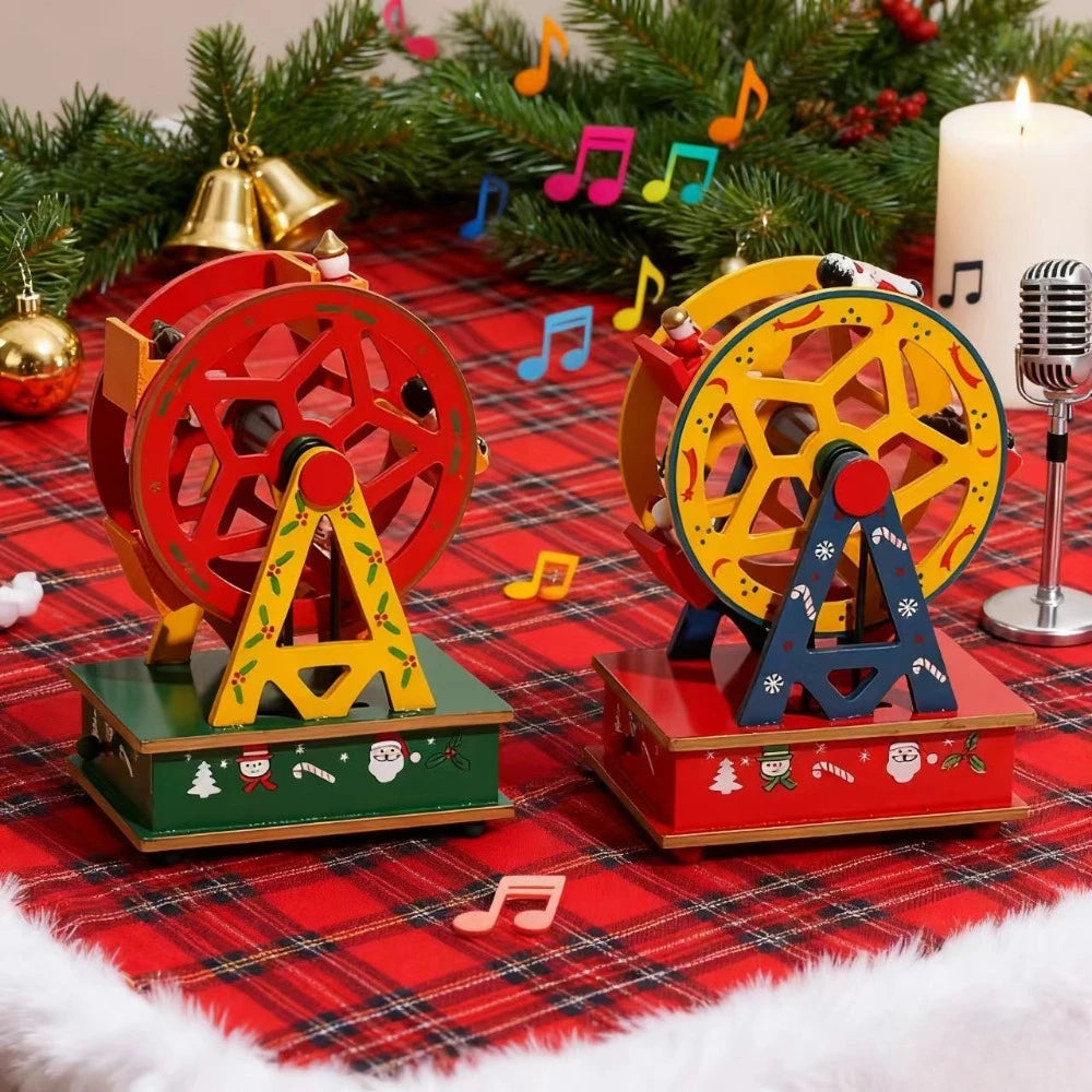 Two colorful mechanical music boxes on a red plaid surface with Christmas decorations.