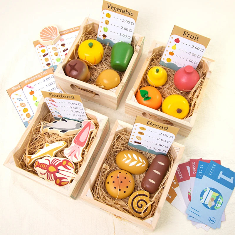Set of toy food items in wooden crates with corresponding cards on a white background