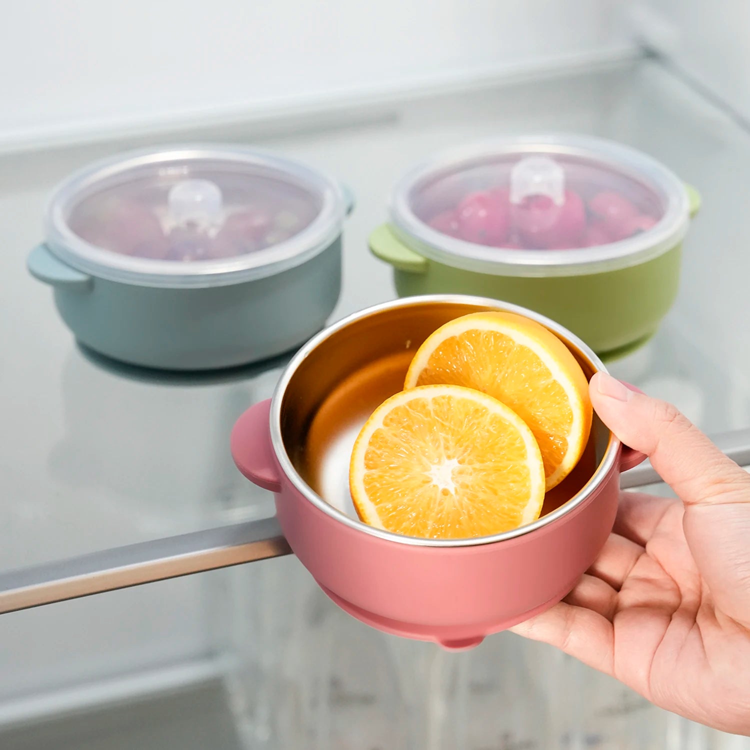 Stainless Steel Silicone Suction Bowl with Lid | Oliver & Company Montessori Toys