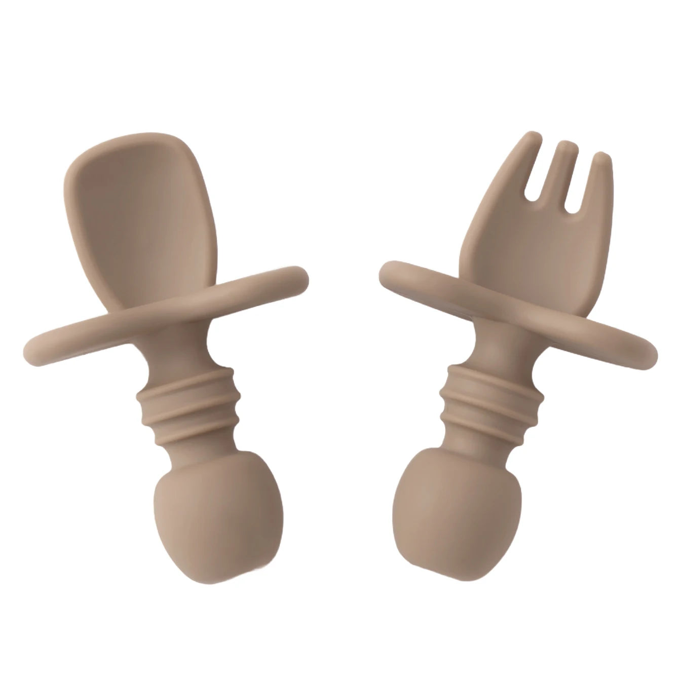 Taupe silicone spoon and fork with choke guard