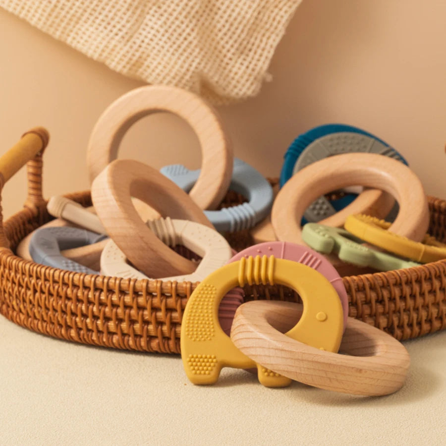 Elephant Silicone & Wooden Teether Ring 
