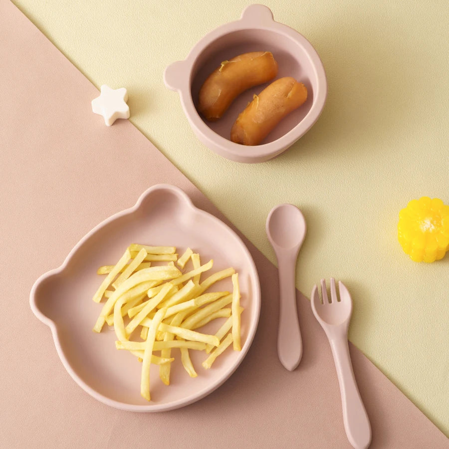 Powder rose bear plate with fries and bowl with sausages