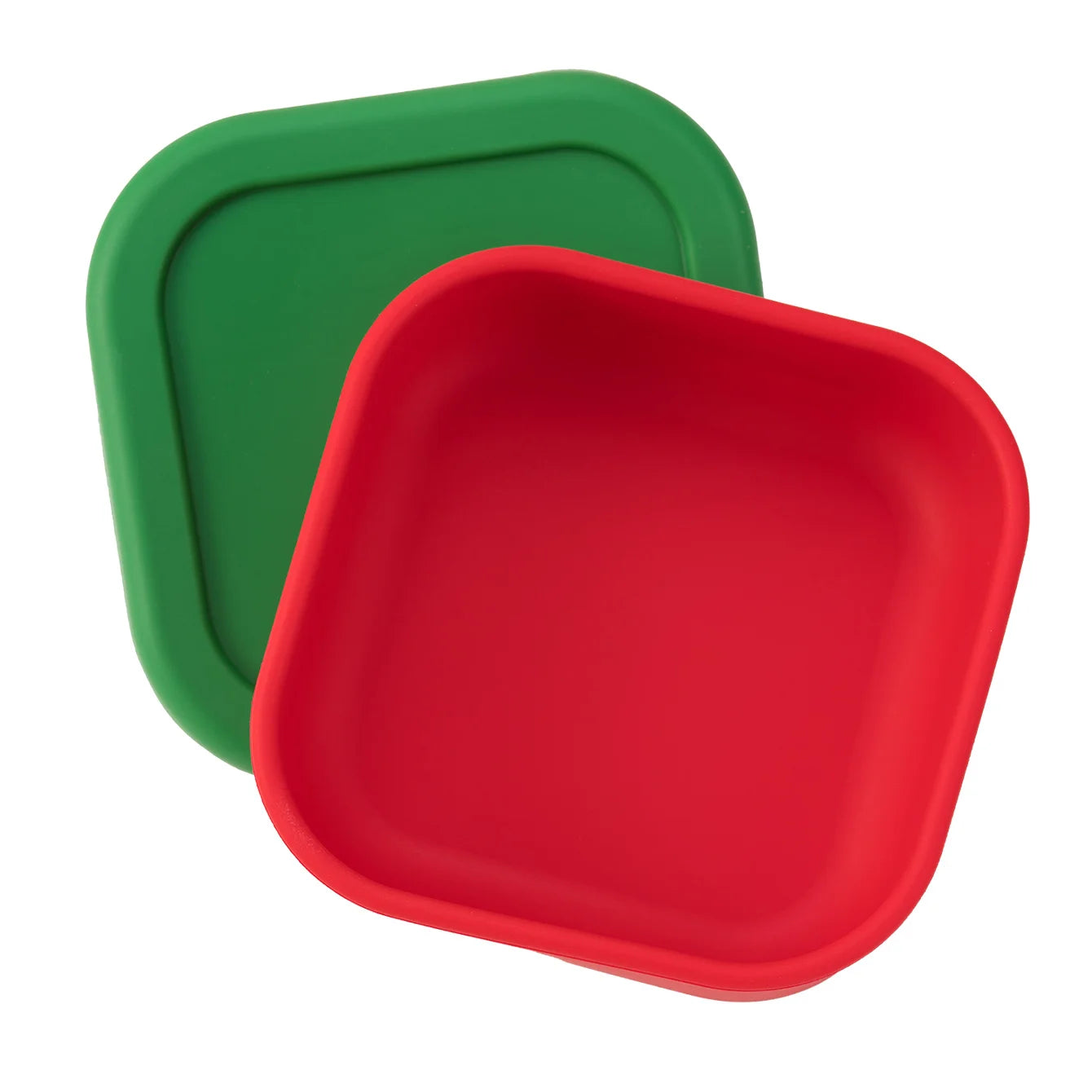 Square silicone snack container with lid in Red with Green Lid