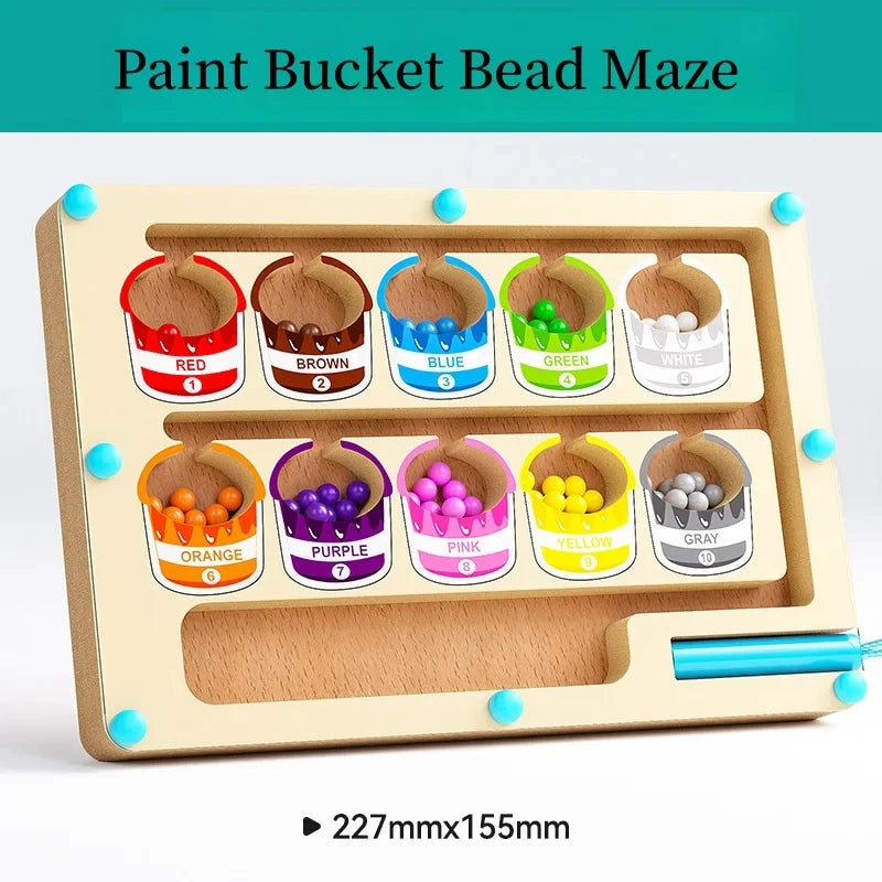 Wooden bead maze toy with color-coded buckets on a white background